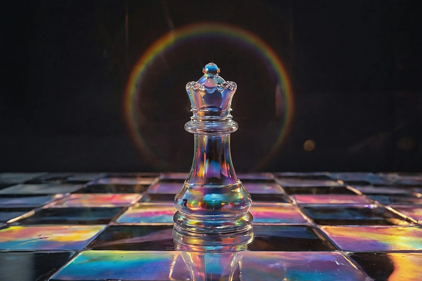Rey de ajedrez de cristal sobre un tablero iridiscente